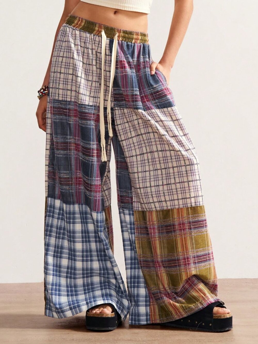 Multicolor Casual Women's Plus Size Loose Fit Plaid Wide Leg Pants